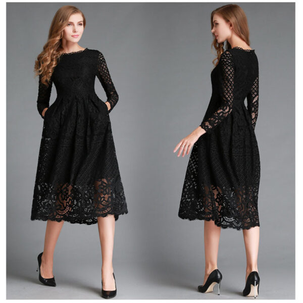 Autumn New Women's Clothing Dress Round Neck Hollow Simple Lace Long Sleeve Slim Midi Dress - Image 2