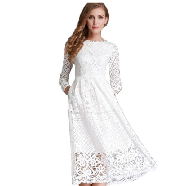 Autumn New Women's Clothing Dress Round Neck Hollow Simple Lace Long Sleeve Slim Midi Dress