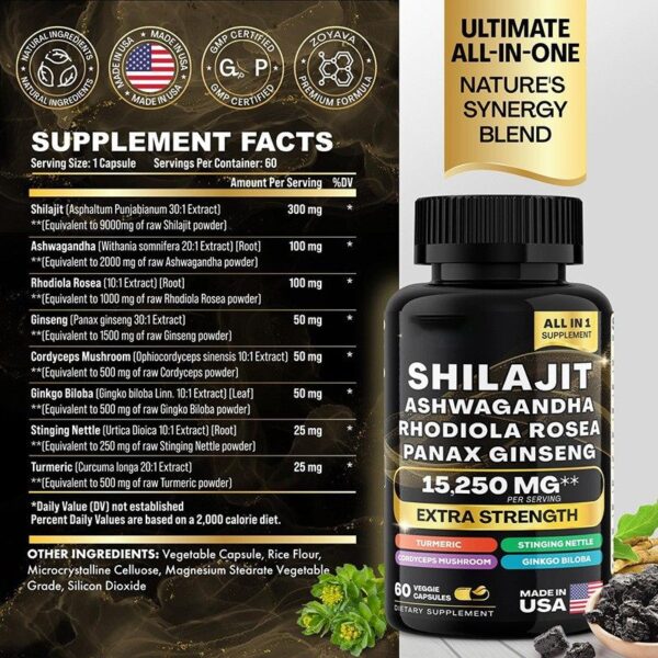 Shilajit Ashwagandha Rhodiola Rosea Panax Ginseng Supplement Fitness - Made in USA with 15,250MG Energize Your Vitality - Image 5