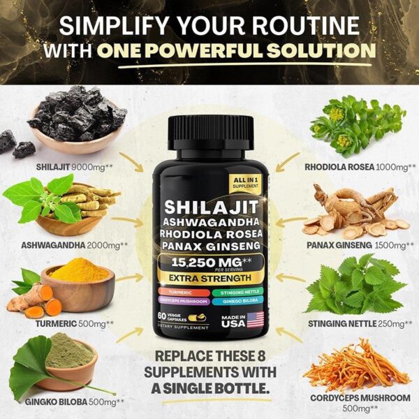 Shilajit Ashwagandha Rhodiola Rosea Panax Ginseng Supplement Fitness - Made in USA with 15,250MG Energize Your Vitality - Image 3