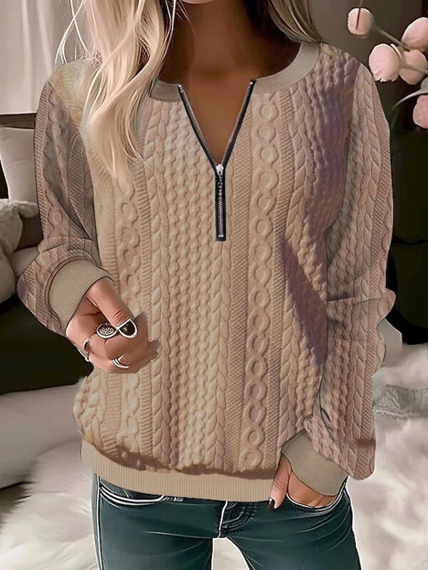 2023 European And American Cross-border Amazon Independent Station Autumn And Winter New Women's Long-sleeved Solid Color V-neck Zipper T-shirt Top - Image 2