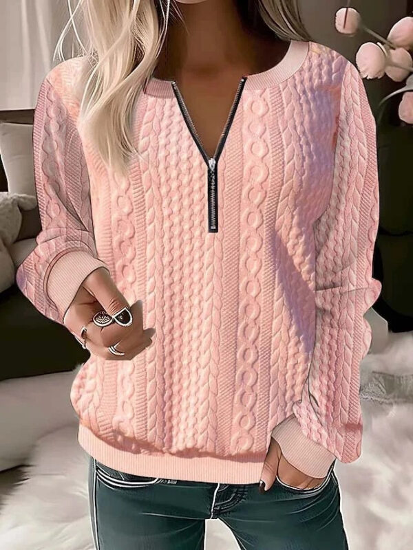 2023 European And American Cross-border Amazon Independent Station Autumn And Winter New Women's Long-sleeved Solid Color V-neck Zipper T-shirt Top - Image 3