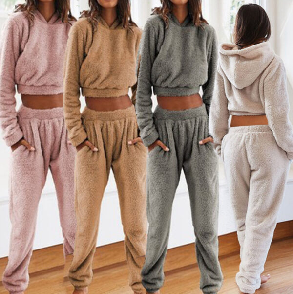Women's Plush Hooded Long-sleeved Top Elastic Waist Trousers Casual Two-piece Set