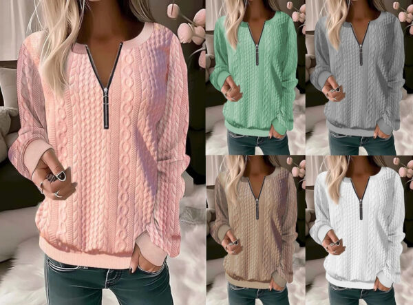 2023 European And American Cross-border Amazon Independent Station Autumn And Winter New Women's Long-sleeved Solid Color V-neck Zipper T-shirt Top - Image 5