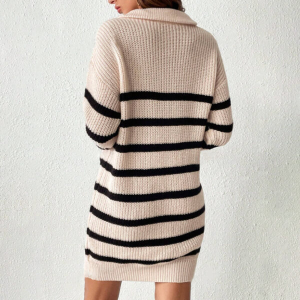 Amazon Cross-border Hot Sale Women's Knitted Dress Classic Striped Pullover Long Sleeve Half Zipper Autumn And Winter Bottoming Sweater Dress - Image 2