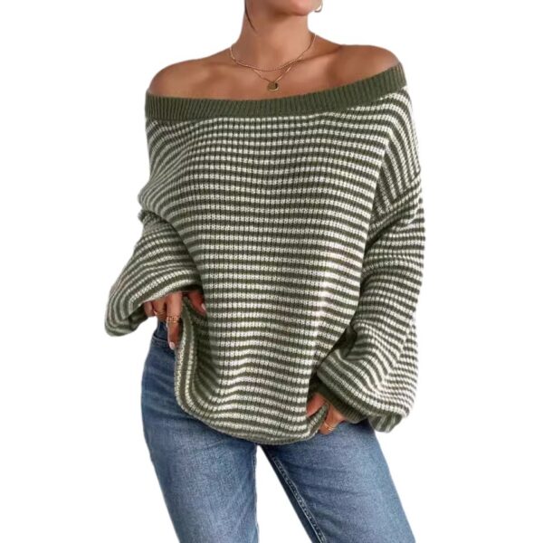 In Stock Amazon One-Neck Sweater All-Match Loose Contrast Striped Lantern Sleeve Lazy Women's Pullover Sweater - Image 5