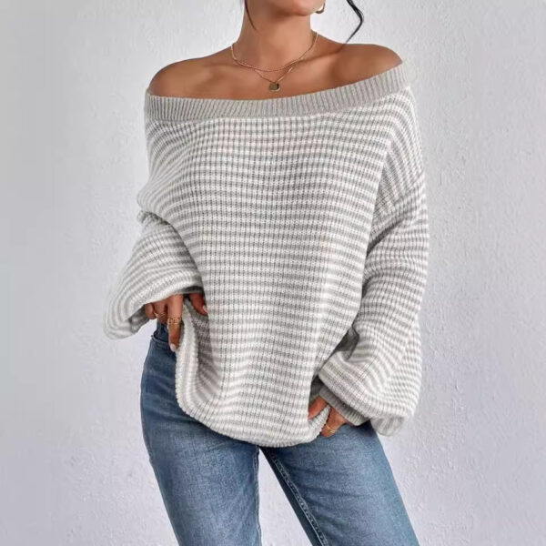 In Stock Amazon One-Neck Sweater All-Match Loose Contrast Striped Lantern Sleeve Lazy Women's Pullover Sweater - Image 4