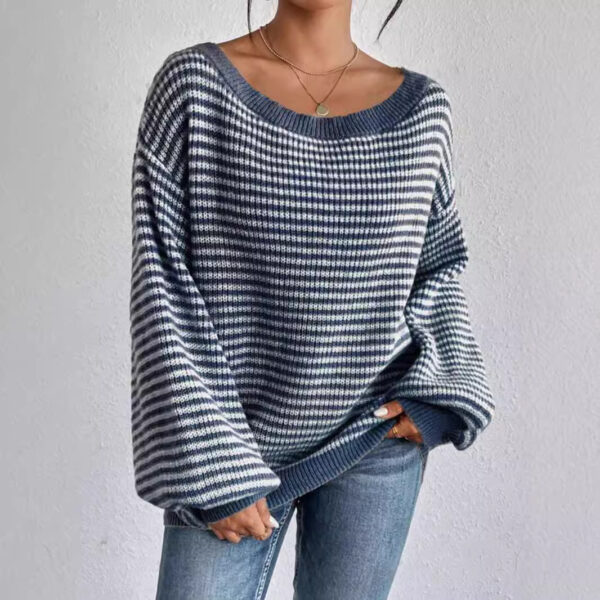 In Stock Amazon One-Neck Sweater All-Match Loose Contrast Striped Lantern Sleeve Lazy Women's Pullover Sweater - Image 2