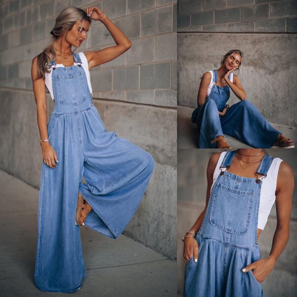 Amazon Wish Foreign Trade Cross-border Summer New Women's Loose Side Pocket Sleeveless Women's Denim Suspender Pants