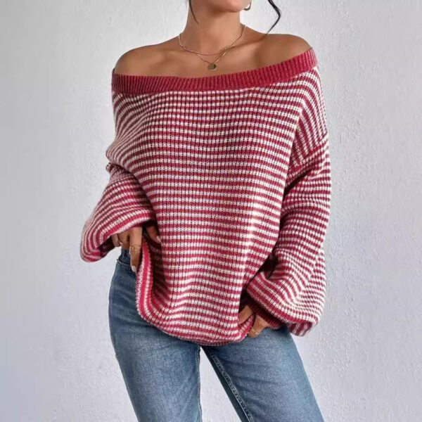 In Stock Amazon One-Neck Sweater All-Match Loose Contrast Striped Lantern Sleeve Lazy Women's Pullover Sweater - Image 3