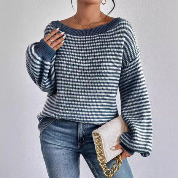 In Stock Amazon One-Neck Sweater All-Match Loose Contrast Striped Lantern Sleeve Lazy Women's Pullover Sweater