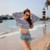 2024 Spring And Summer Cross-border Amazon New European And American Stitching Color Foreign Trade Round Neck Striped Bikini Beach Blouse - Image 4