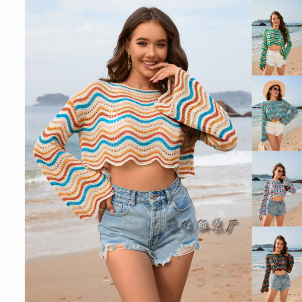 2024 Spring And Summer Cross-border Amazon New European And American Stitching Color Foreign Trade Round Neck Striped Bikini Beach Blouse